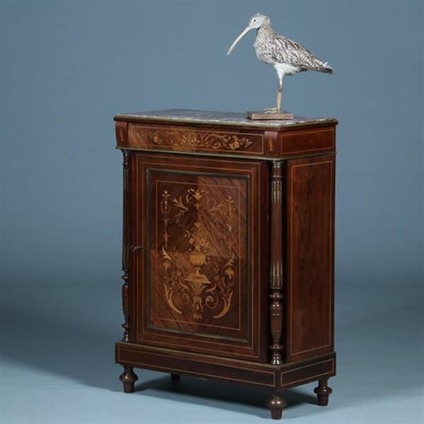 Grote foto oogstrelend wortelnoten intarsia 1 deurs kastje met marmer bovenblad ca 1870 no.362940 antiek en kunst stoelen en banken