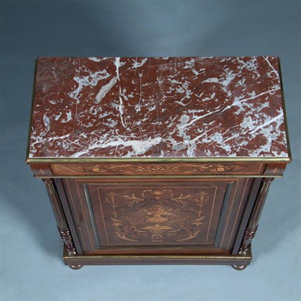 Grote foto oogstrelend wortelnoten intarsia 1 deurs kastje met marmer bovenblad ca 1870 no.362940 antiek en kunst stoelen en banken