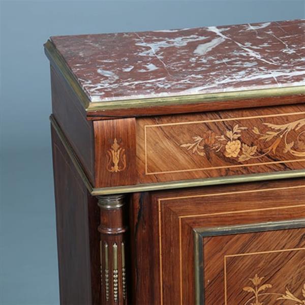 Grote foto oogstrelend wortelnoten intarsia 1 deurs kastje met marmer bovenblad ca 1870 no.362940 antiek en kunst stoelen en banken