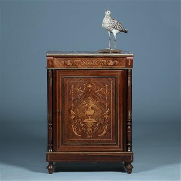 Grote foto oogstrelend wortelnoten intarsia 1 deurs kastje met marmer bovenblad ca 1870 no.362940 antiek en kunst stoelen en banken