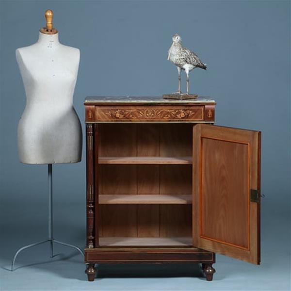 Grote foto oogstrelend wortelnoten intarsia 1 deurs kastje met marmer bovenblad ca 1870 no.362940 antiek en kunst stoelen en banken