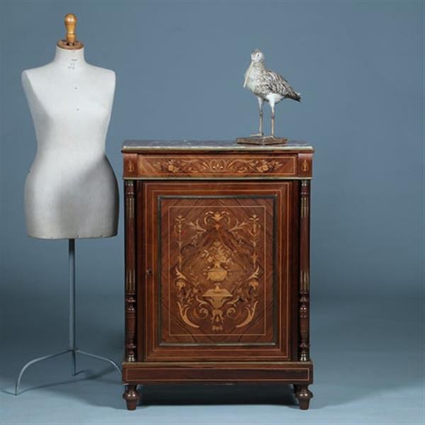 Grote foto oogstrelend wortelnoten intarsia 1 deurs kastje met marmer bovenblad ca 1870 no.362940 antiek en kunst stoelen en banken