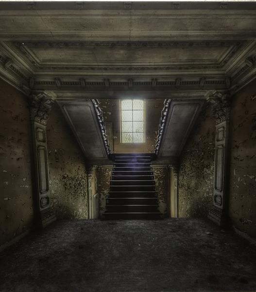 Grote foto prachtige kunst op glas van de binnenzijde van een kerk prachtig perspectief tuin en terras tuindecoratie