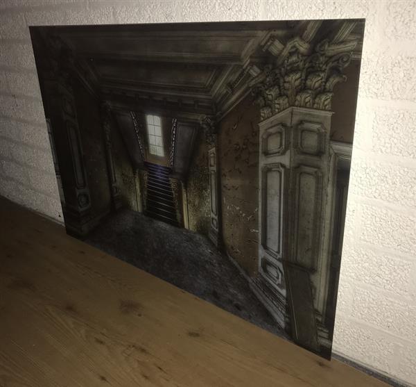 Grote foto prachtige kunst op glas van de binnenzijde van een kerk prachtig perspectief tuin en terras tuindecoratie