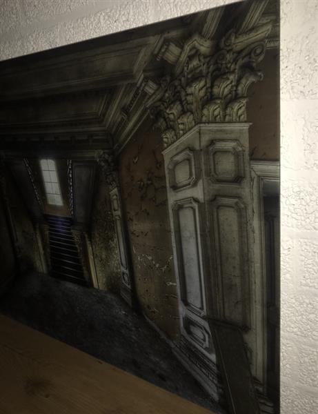 Grote foto prachtige kunst op glas van de binnenzijde van een kerk prachtig perspectief tuin en terras tuindecoratie