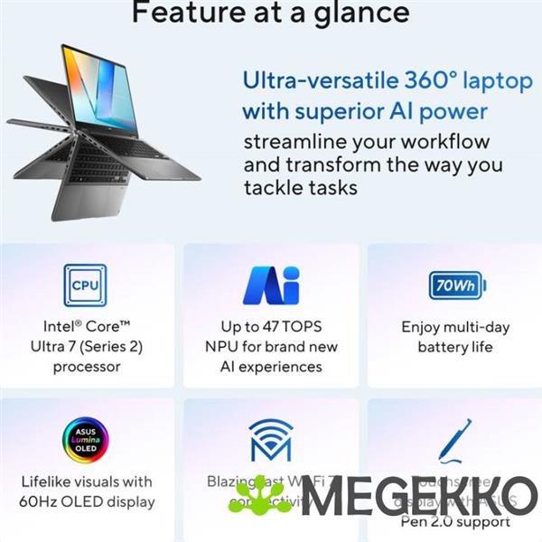 Grote foto asus vivobook 14 flip tp3407sa ql039w 14 intel core ultra 7 computers en software overige computers en software