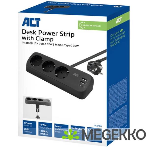 Grote foto act stekkerdoos met 3 type f stopcontacten 30w power delivery usb type c a poorten kabellengte 1 computers en software overige