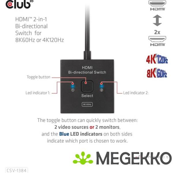 Grote foto club3d hdmi 2 in 1 bi directional switch for 8k60hz or 4k120hz computers en software netwerkkaarten routers en switches