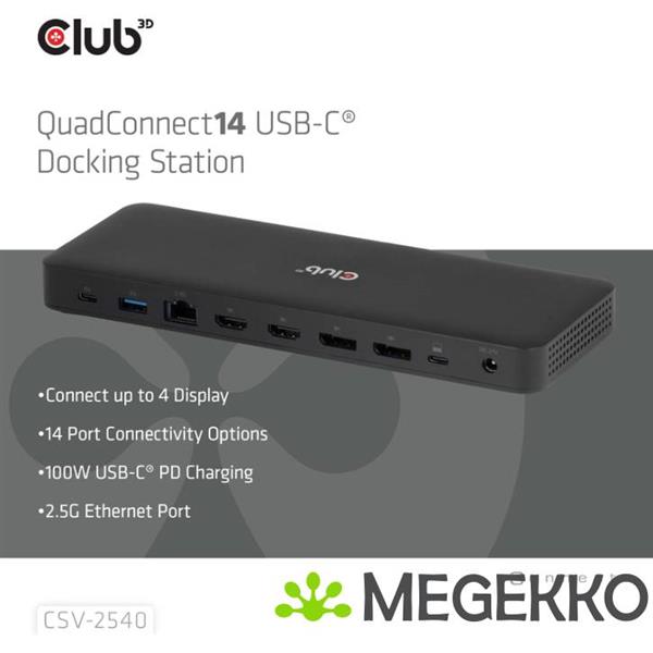 Grote foto club3d 14 in 1 usb c quad display dockingstation computers en software overige computers en software