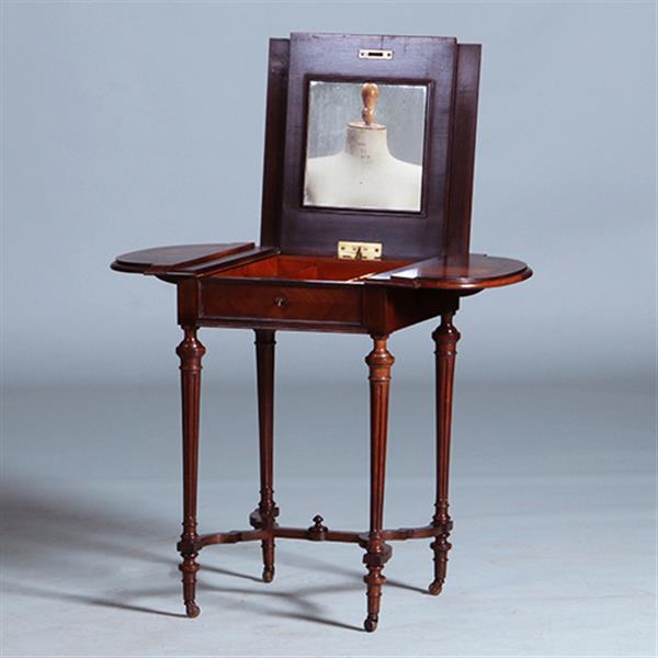 Grote foto palissander tafeltje met 2 hangoren een lade en opklapbare spiegel ca 1850 no.400930 antiek en kunst stoelen en banken