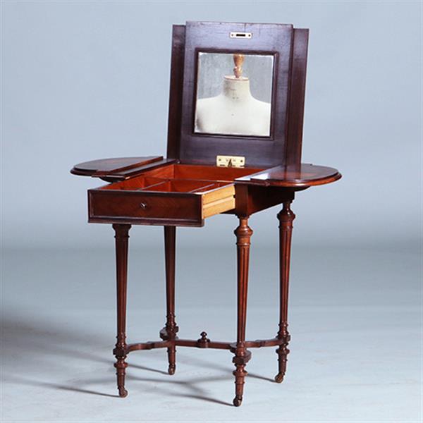 Grote foto palissander tafeltje met 2 hangoren een lade en opklapbare spiegel ca 1850 no.400930 antiek en kunst stoelen en banken