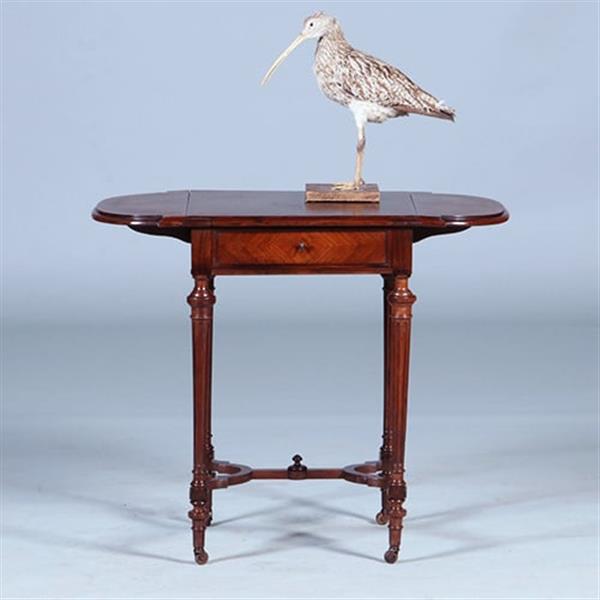 Grote foto palissander tafeltje met 2 hangoren een lade en opklapbare spiegel ca 1850 no.400930 antiek en kunst stoelen en banken