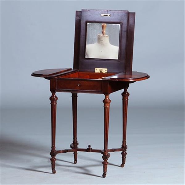 Grote foto palissander tafeltje met 2 hangoren een lade en opklapbare spiegel ca 1850 no.400930 antiek en kunst stoelen en banken