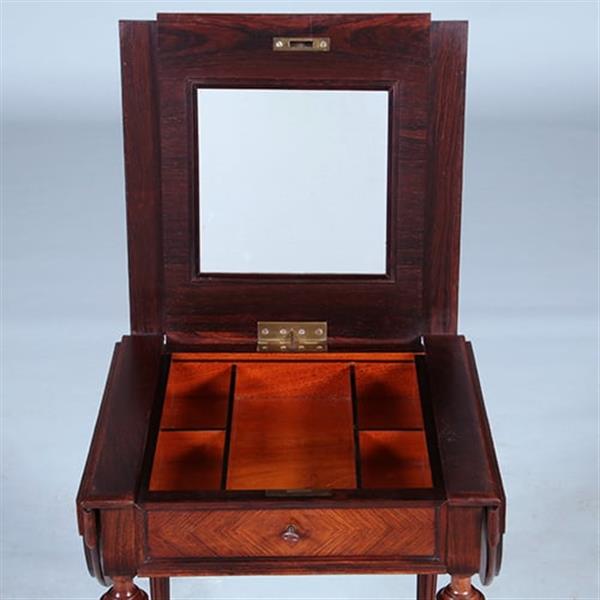 Grote foto palissander tafeltje met 2 hangoren een lade en opklapbare spiegel ca 1850 no.400930 antiek en kunst stoelen en banken