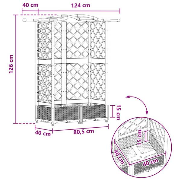 Grote foto vidaxl verhoogd bed met trellis en dak grijs 124 x 40 x 126 cm pp tuin en terras overige tuin en terras