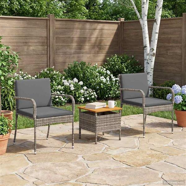Grote foto vidaxl tuinbistroset met kussen 3 delig grijs polyrotan tuin en terras tuinmeubelen