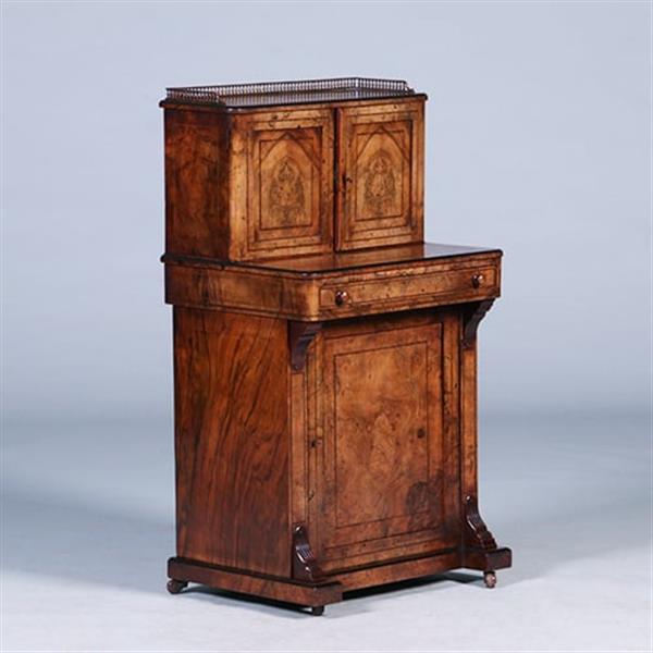 Grote foto victoriaans dames bureautje in wortelnoten met inlegwerk brons hekje en inktpotje no.402405 antiek en kunst overige in antiek gebruiksvoorwerpen