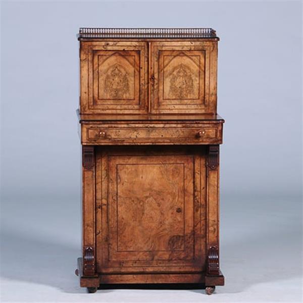 Grote foto victoriaans dames bureautje in wortelnoten met inlegwerk brons hekje en inktpotje no.402405 antiek en kunst overige in antiek gebruiksvoorwerpen