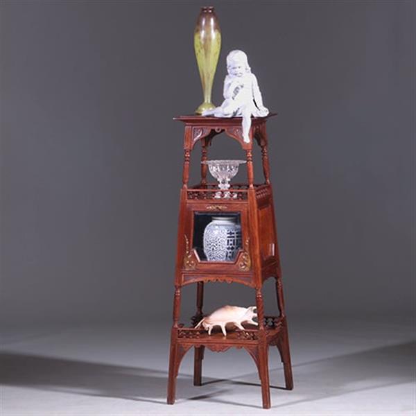 Grote foto uitzonderlijke etagere met vitrinekastje hollands ca 1890 notenhout no.400920 antiek en kunst stoelen en banken