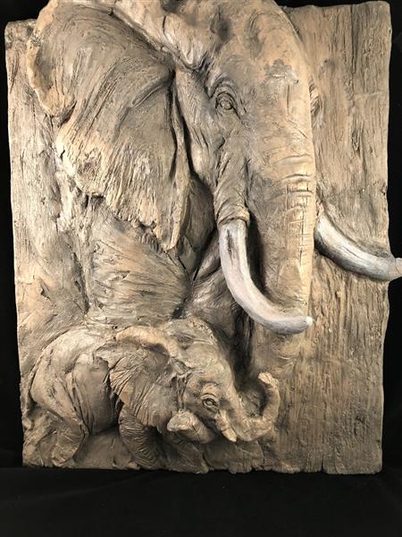 Grote foto wandornament woodlook met 3 d afbeelding van 2 olifanten polystone wood.. tuin en terras tuindecoratie