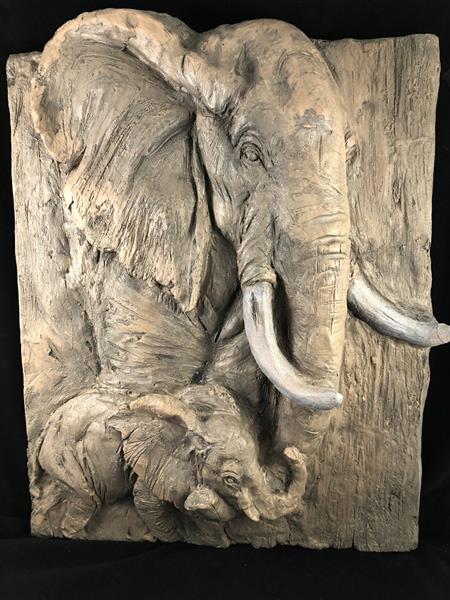 Grote foto wandornament woodlook met 3 d afbeelding van 2 olifanten polystone wood.. tuin en terras tuindecoratie