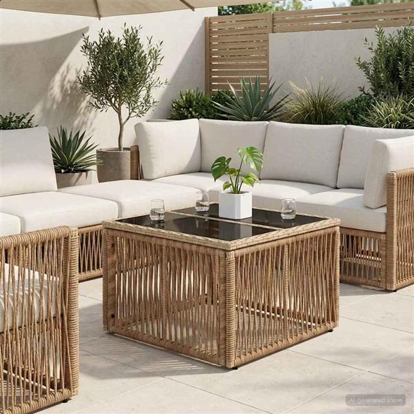 Grote foto vidaxl tuinstafel beige en zwart 55 x 55 x 37 cm pe rattan en glas tuin en terras tuinmeubelen