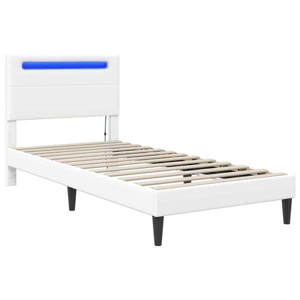 Grote foto vidaxl bedframe met led stripverlichting wit 90 x 200 cm kunstleer antiek en kunst stoelen en banken