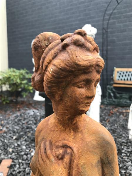 Grote foto prachtig vol oxide rust stenen beeld van een erotisch geklede staande dame super mooi voor in de tu tuin en terras tuindecoratie