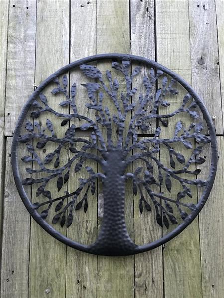 Grote foto wandornament levensboom met vogels erin mat zwart tuin en terras tuindecoratie