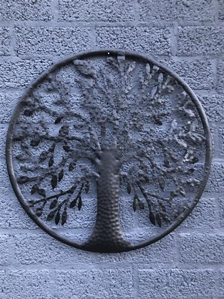 Grote foto wandornament levensboom met vogels erin mat zwart tuin en terras tuindecoratie