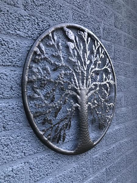 Grote foto wandornament levensboom met vogels erin mat zwart tuin en terras tuindecoratie