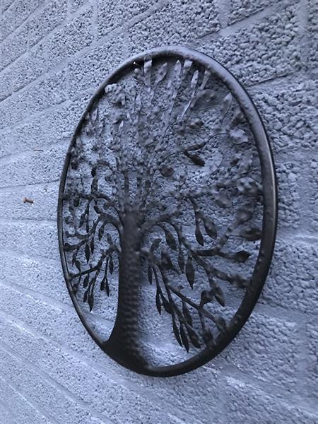 Grote foto wandornament levensboom met vogels erin mat zwart tuin en terras tuindecoratie
