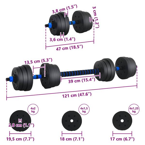 Grote foto vidaxl 2 in 1 halter barbell set 20 kg zwart en blauw sport en fitness fitness
