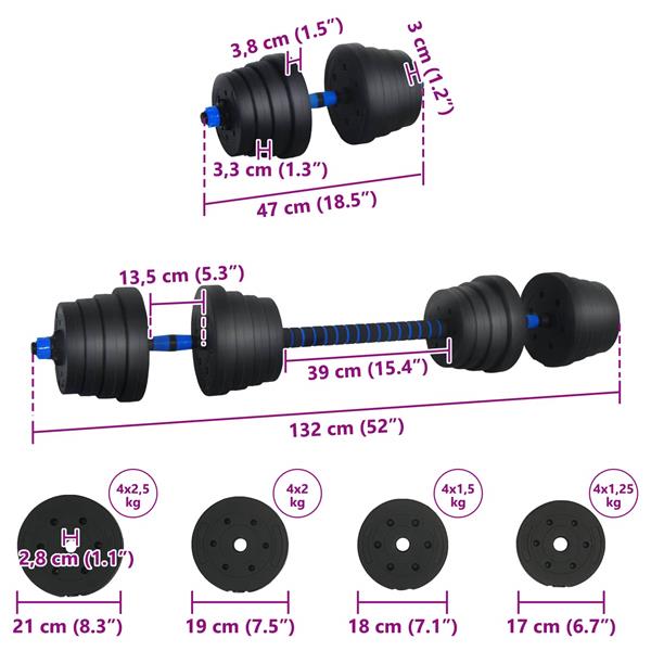 Grote foto vidaxl 2 in 1 halter barbell set 30 kg zwart en blauw sport en fitness fitness