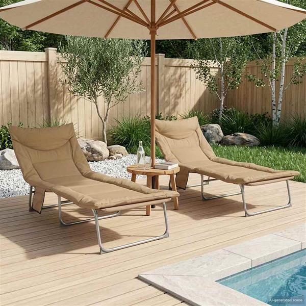 Grote foto vidaxl opvouwbare zonnebed met kussen 2 pcs beige tuin en terras tuinmeubelen