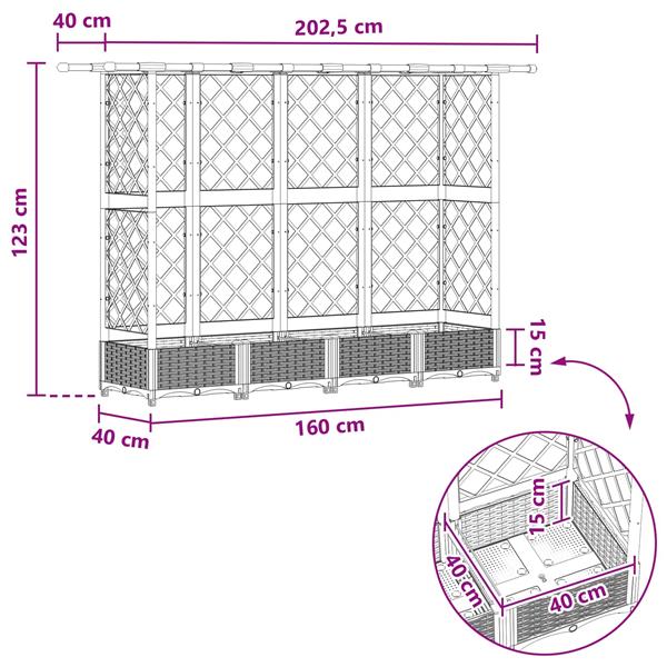 Grote foto vidaxl verhoogd bed met trellis en dak grijs 202 5 x 40 x 123 cm pp tuin en terras overige tuin en terras
