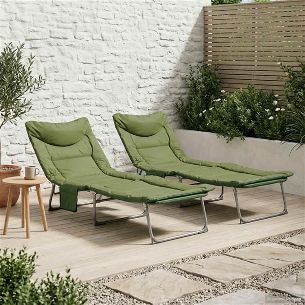 Grote foto vidaxl opvouwbare zonnebed met kussen 2 pcs donkergroen tuin en terras tuinmeubelen