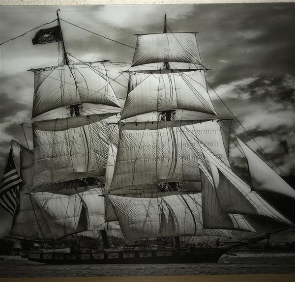 Grote foto kunst op glas met hierop een prachtig zeilschip tuin en terras tuindecoratie