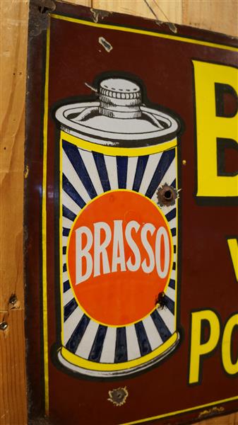 Grote foto antiek emaille brasso reclamebord vloeibaar poets verzamelen merken en reclame