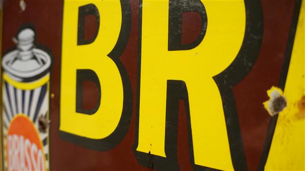 Grote foto antiek emaille brasso reclamebord vloeibaar poets verzamelen merken en reclame