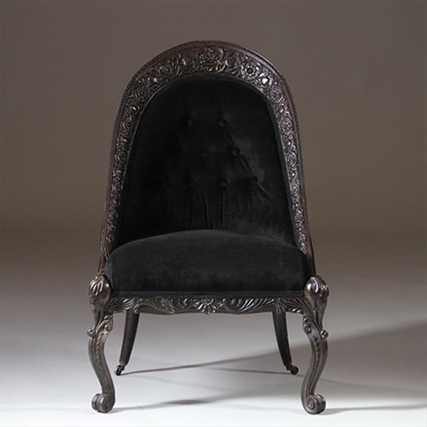 Grote foto koloniale dames zetel massief ebbenhout ca 1800 met zwarte velours en 2 olifanten kopjes no.922860 antiek en kunst stoelen en banken