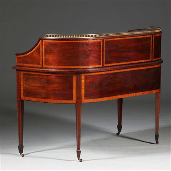 Grote foto carlton house desk maple co in mahonie met bronzen railing en doorleefd antiek leer no.412035 antiek en kunst overige in antiek gebruiksvoorwerpen
