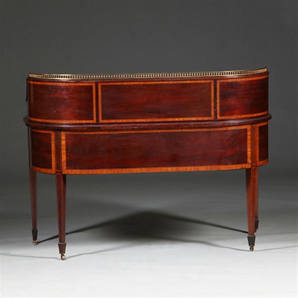 Grote foto carlton house desk maple co in mahonie met bronzen railing en doorleefd antiek leer no.412035 antiek en kunst overige in antiek gebruiksvoorwerpen