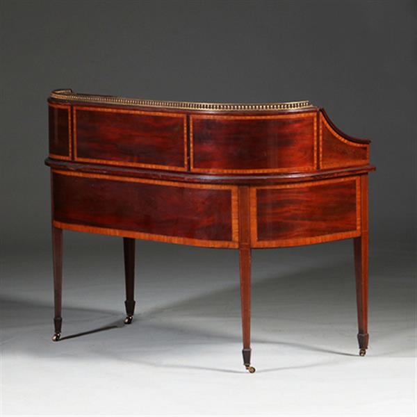 Grote foto carlton house desk maple co in mahonie met bronzen railing en doorleefd antiek leer no.412035 antiek en kunst overige in antiek gebruiksvoorwerpen