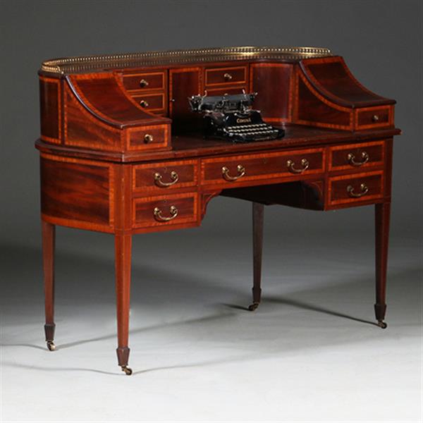 Grote foto carlton house desk maple co in mahonie met bronzen railing en doorleefd antiek leer no.412035 antiek en kunst overige in antiek gebruiksvoorwerpen