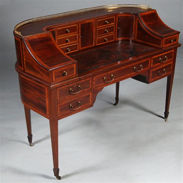 Grote foto carlton house desk maple co in mahonie met bronzen railing en doorleefd antiek leer no.412035 antiek en kunst overige in antiek gebruiksvoorwerpen
