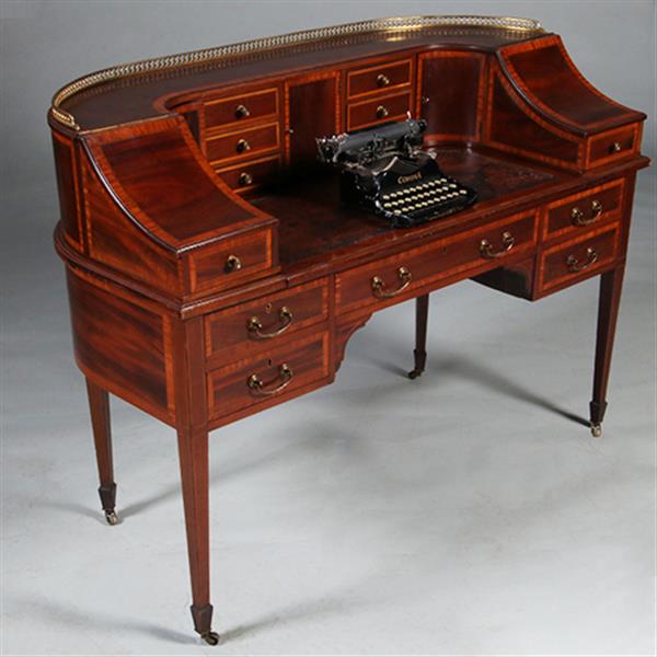 Grote foto carlton house desk maple co in mahonie met bronzen railing en doorleefd antiek leer no.412035 antiek en kunst overige in antiek gebruiksvoorwerpen