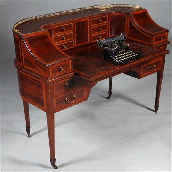 Grote foto carlton house desk maple co in mahonie met bronzen railing en doorleefd antiek leer no.412035 antiek en kunst overige in antiek gebruiksvoorwerpen