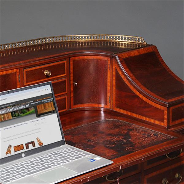Grote foto carlton house desk maple co in mahonie met bronzen railing en doorleefd antiek leer no.412035 antiek en kunst overige in antiek gebruiksvoorwerpen
