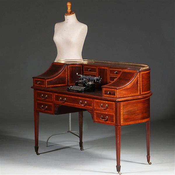 Grote foto carlton house desk maple co in mahonie met bronzen railing en doorleefd antiek leer no.412035 antiek en kunst overige in antiek gebruiksvoorwerpen